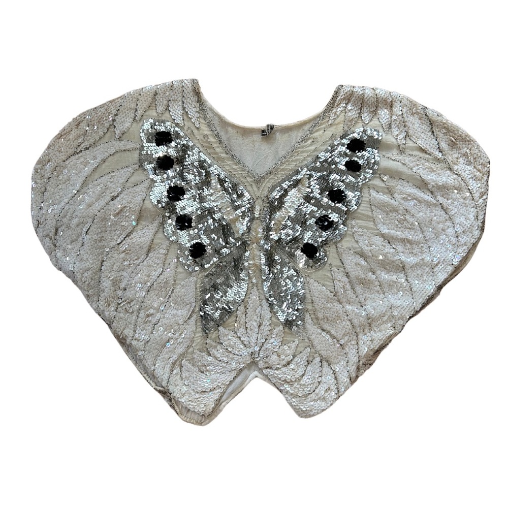 Vintage 100% silk sequined and beaded cream, black, and silver butterfly top